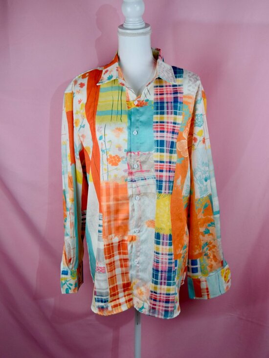 Source Unknown Tops - Boutique Colorful Patchwork Print Long Sleeve Button-Up Blouse | Size L